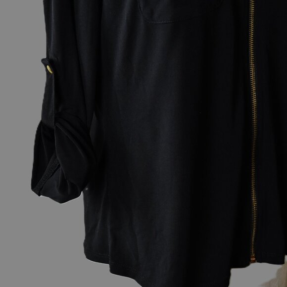 ANNE KLEIN Top Blouse M Black Zip Front Snap Sleeves Front Pockets BIN 3 - Picture 5 of 6